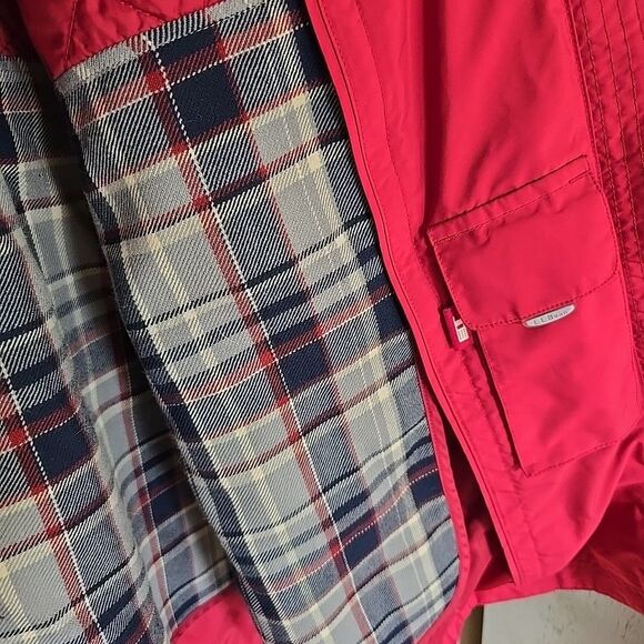 LL Bean Women's Red Hooded Knee-Length Rain Jacket Trench Coat Full Zip Size XL - Picture 5 of 8